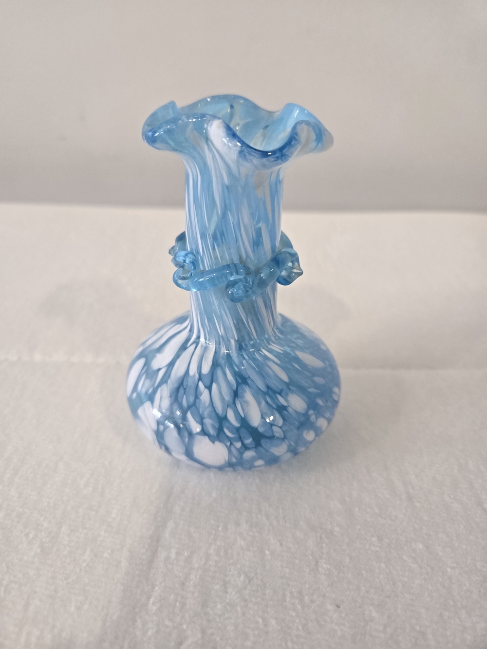 Blue and White Art Glass Vase with Ruffled Rim